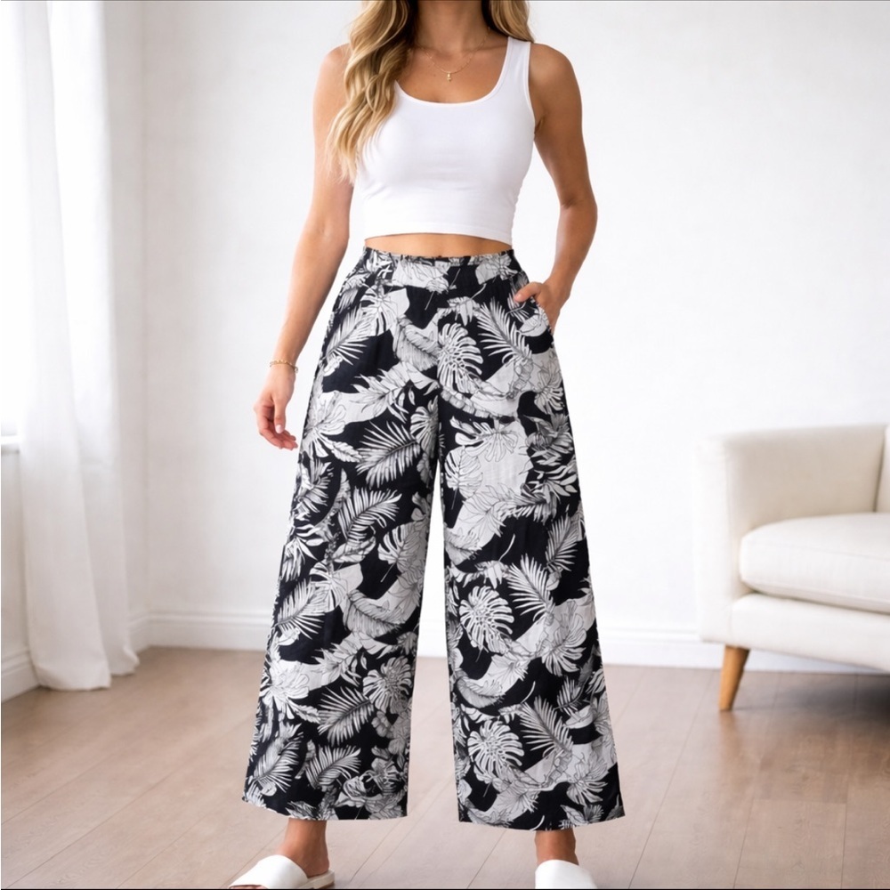Christian Siriano Linen Tropical Wide Leg Pants black white floral 54287